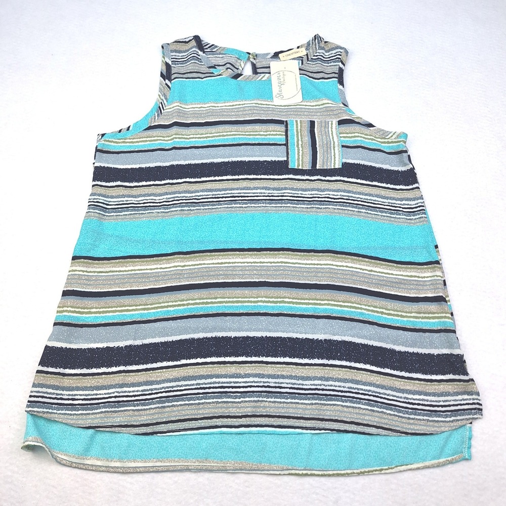 Crescent Tank Top Womens Large Blue Turquoise Gray Striped Sleeveless USA Made‎